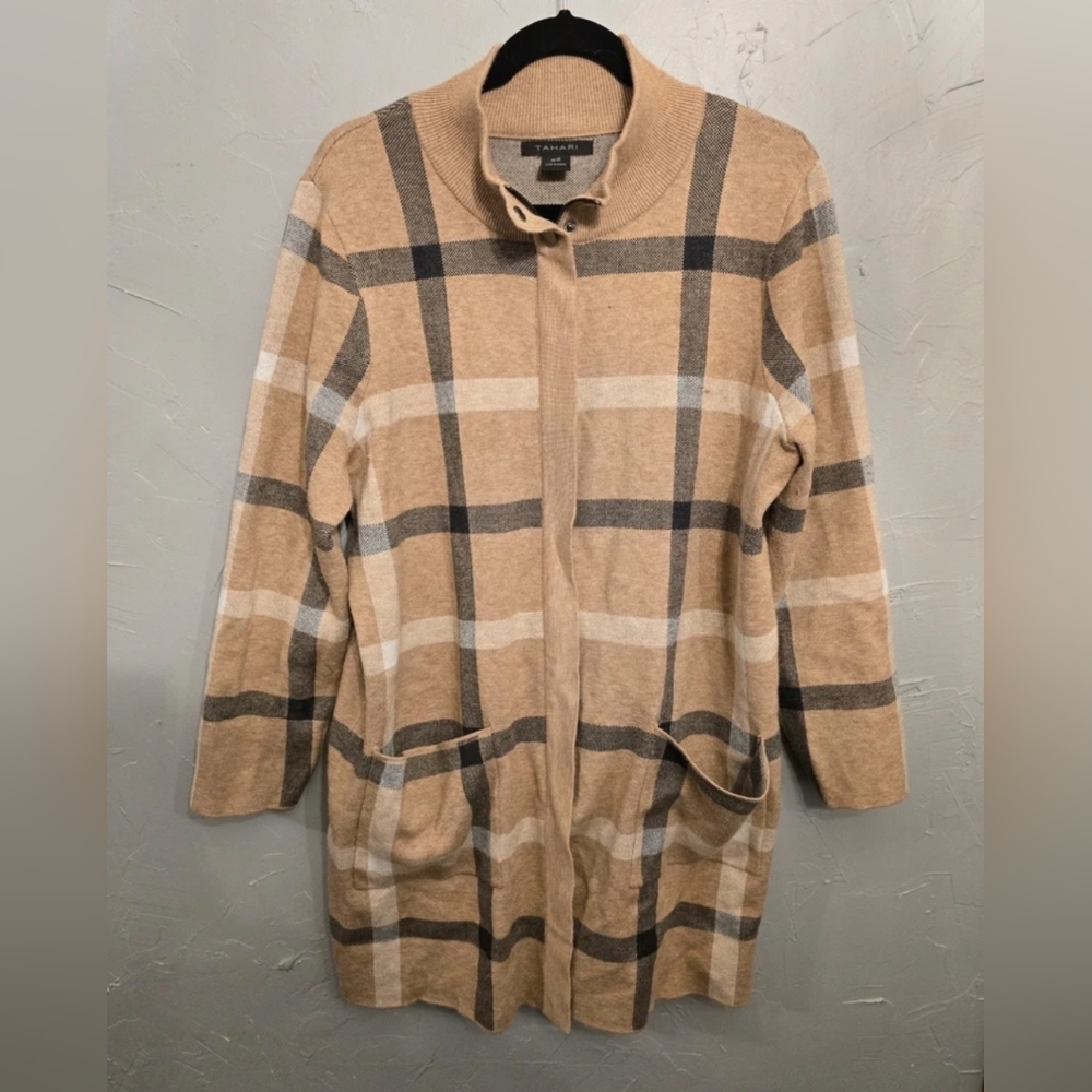 Tahari Full Zip Shacket Plaid Zip Cardigan Sweater